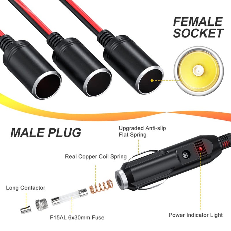 ELECTOP 1 to 3 Car Cigarette Lighter Socket Splitter Adapter Power Charger Port, 12V 24V Car Power Splitter 3-Way Plug Outlet Adapter, 12inch Cigarette Lighter Extension Cord Cable 16AWG with 15A Fuse - Image 2